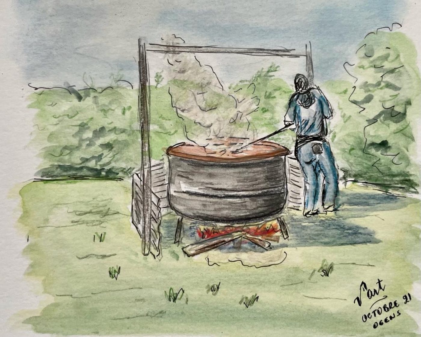 Aquarelle du chaudron suspendu au-dessus du feu, un membre qui brasse, offerte à l'amicale