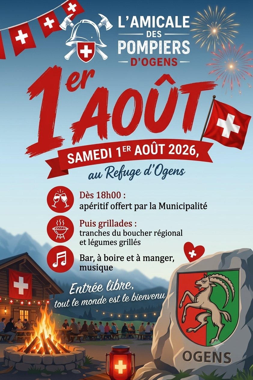 Affiche du 1er août 2026 de l'Amicale des Pompiers d'Ogens au refuge : apéritif offert par la Municipalité dès 18 h, grillades, bar, musique, entrée libre