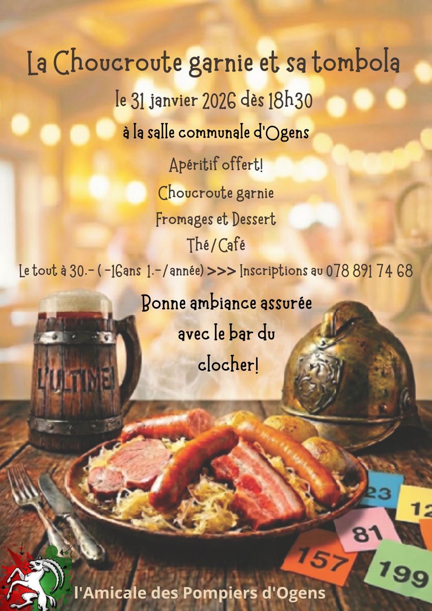 Affiche de la choucroute garnie et sa tombola du 31 janvier 2026 à la salle communale d'Ogens