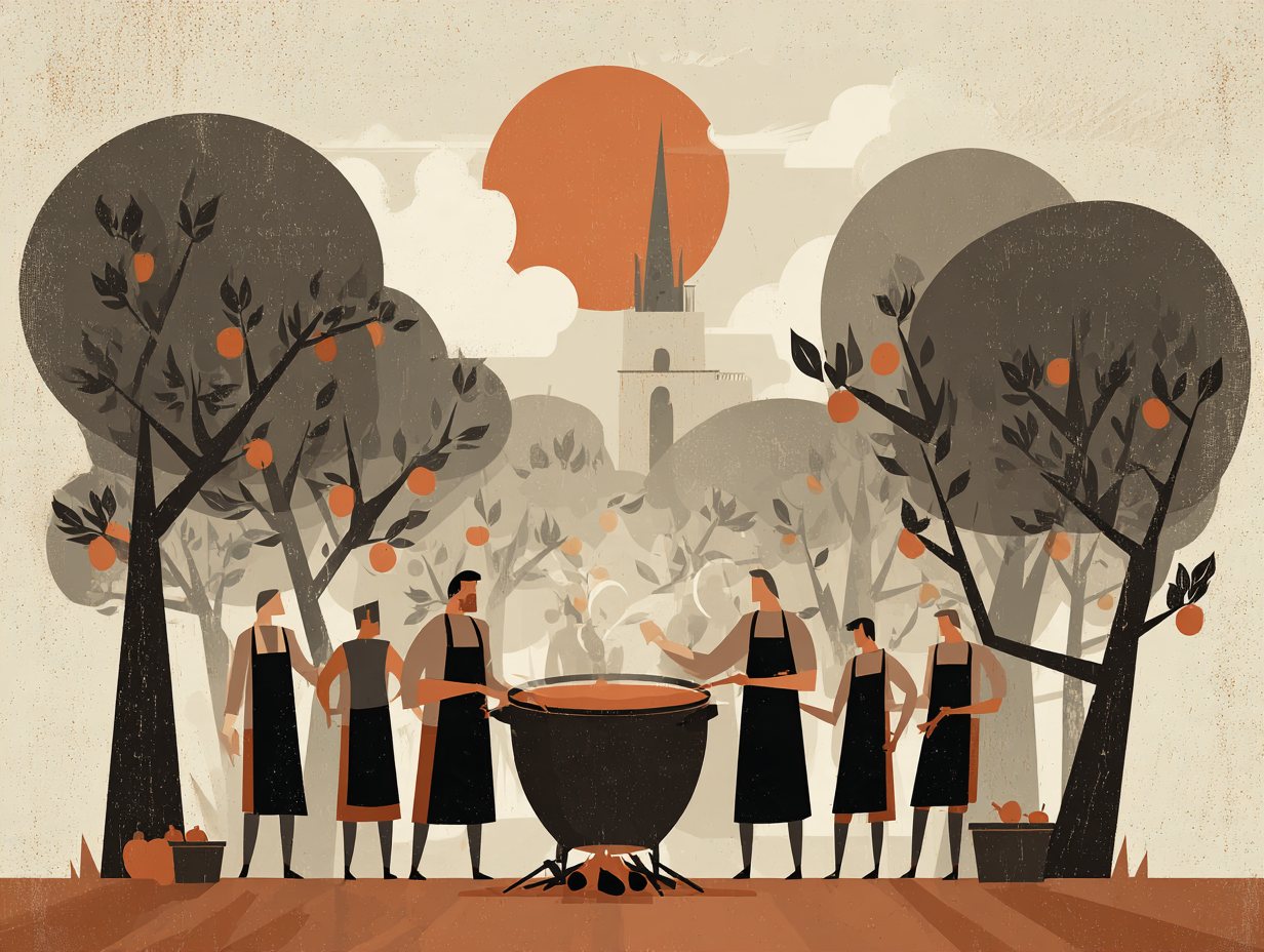 Illustration : une douzaine de silhouettes en tabliers noirs autour du chaudron de cuivre fumant, au lever du soleil, dans le verger