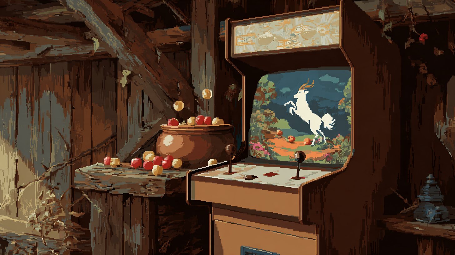Une borne d’arcade dans une grange, avec le chaudron et le bouc des Bocans, en pixel art.