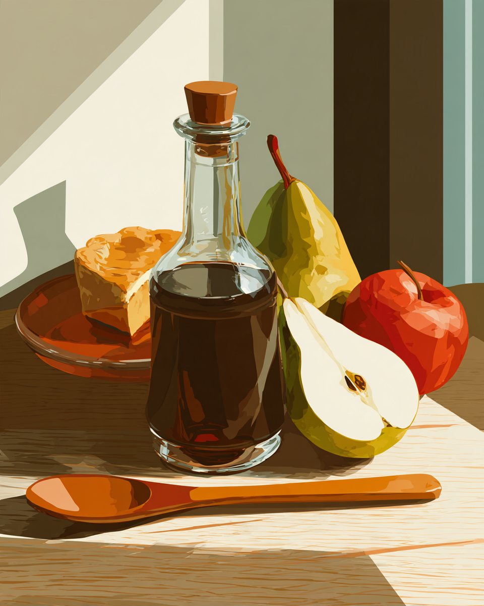 Illustration : une bouteille de sirop brun, une part de tarte, des pommes et une poire, une cuillère en bois sur une table