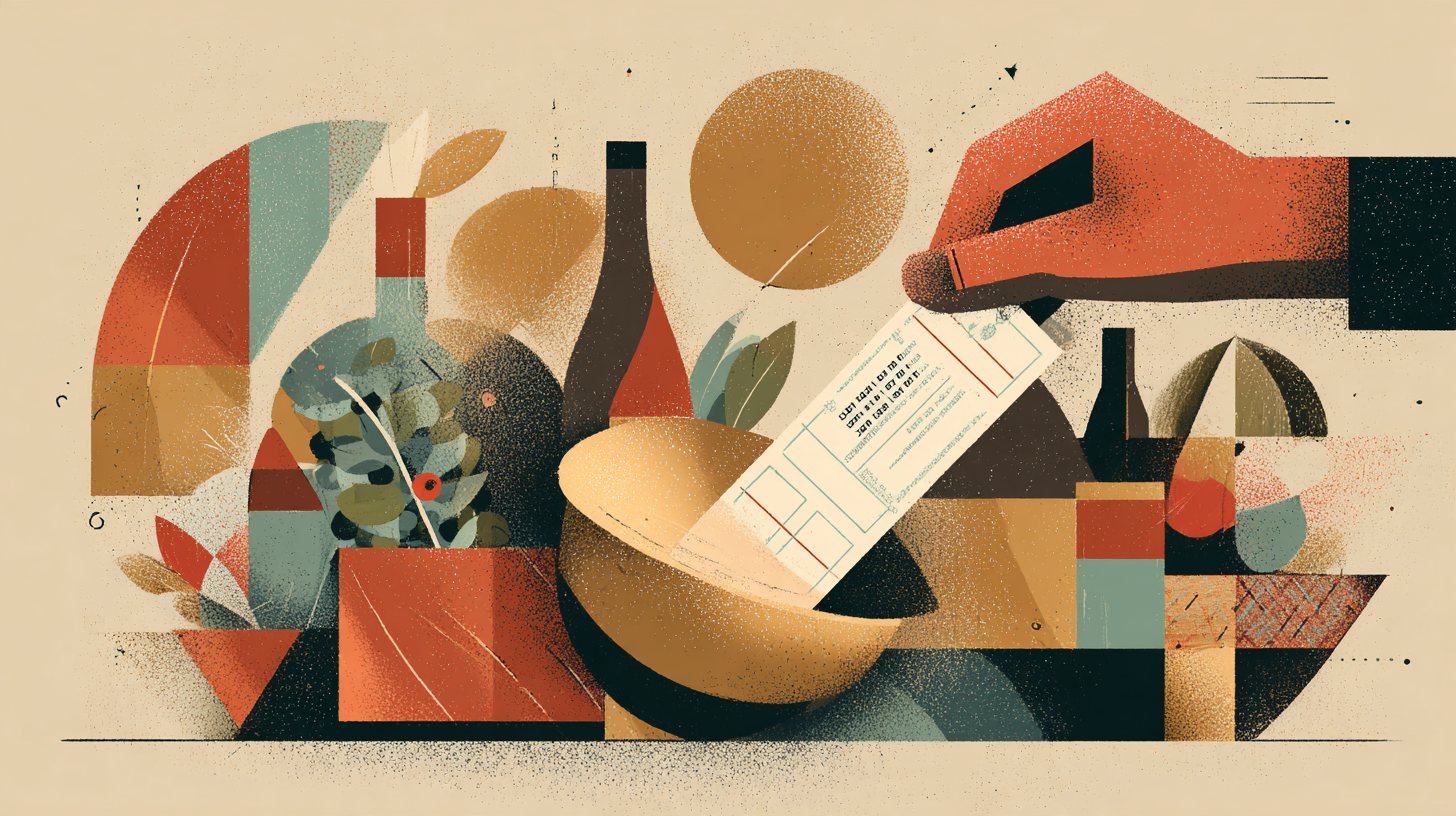 Illustration : une main tire un billet plié, parmi des lots stylisés, bouteilles, panier et fleurs