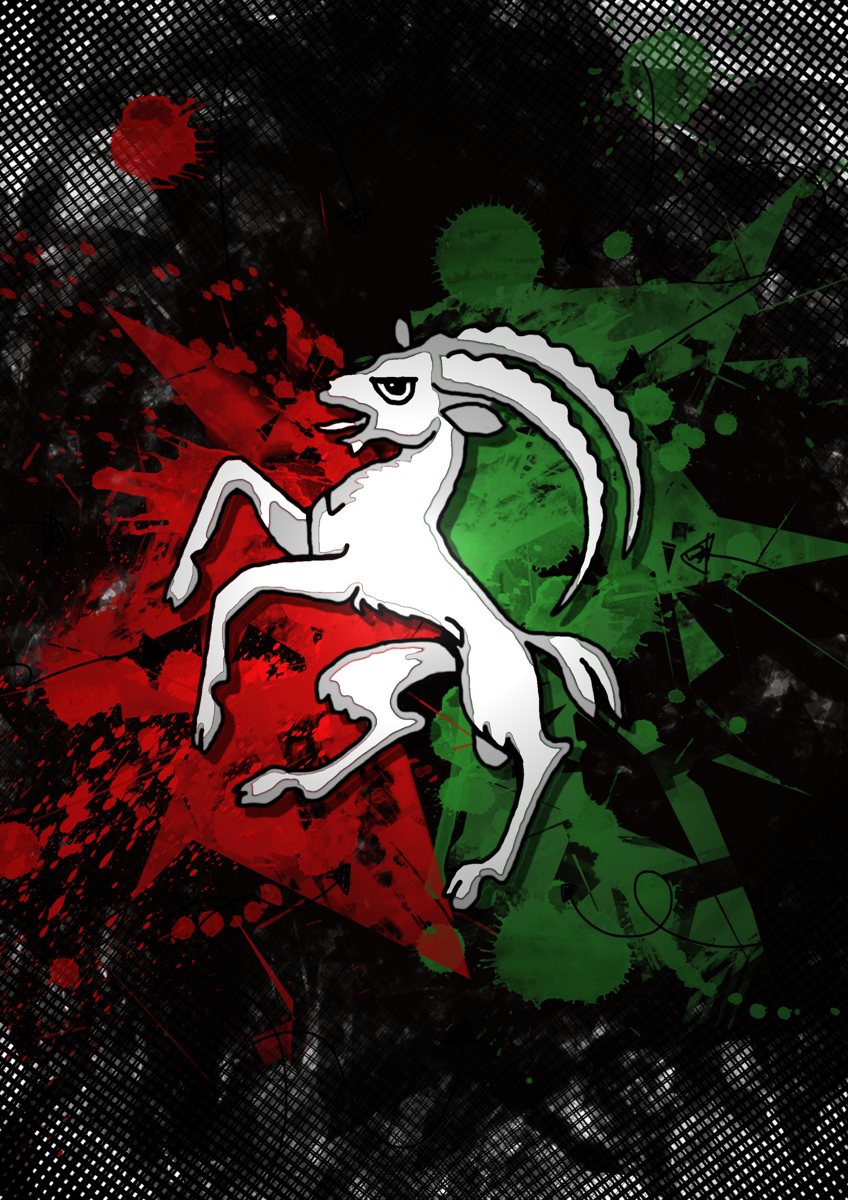 Le logo de l'amicale : le bouc blanc des armoiries d'Ogens, dressé sur des éclaboussures rouges et vertes, sur fond noir