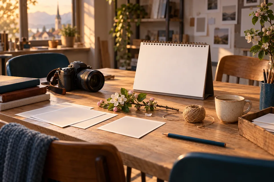 Illustration : appareil photo, calendrier vierge et épreuves sur une table d’atelier.