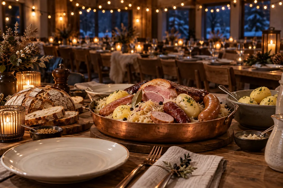 Illustration : plat de choucroute et grande table prête pour une soirée d’hiver.