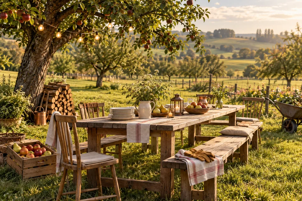 Illustration : tables, vaisselle et caisses de fruits préparées pour se retrouver au verger.