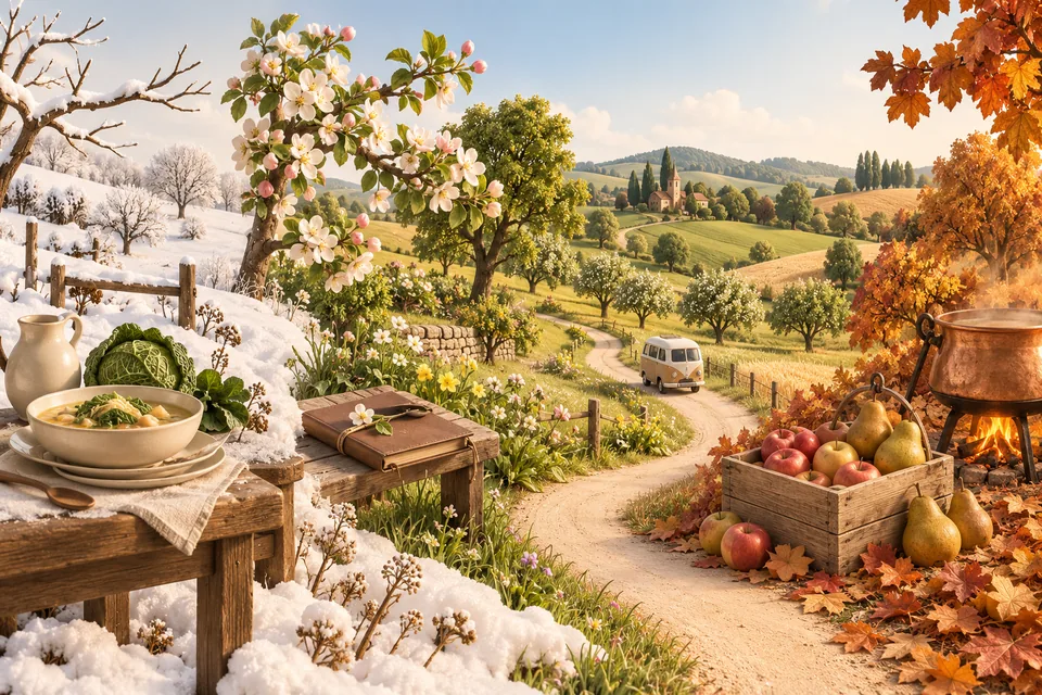 Illustration : les quatre saisons, de la table d’hiver au chaudron d’automne.