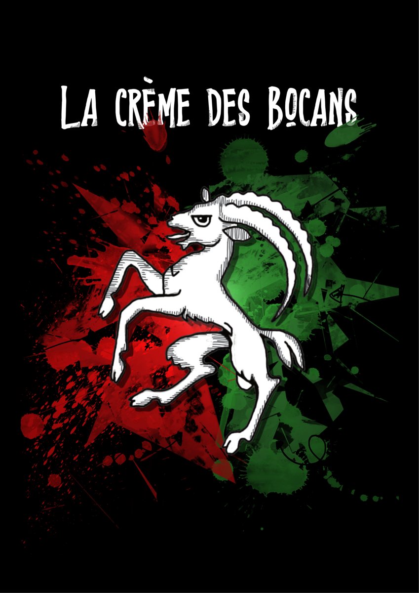Le motif du tablier de l'amicale : le bouc blanc sur éclaboussures rouges et vertes, surmonté de la phrase « La crème des Bocans »
