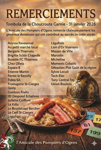 Affiche de remerciements de l'Amicale des Pompiers d'Ogens aux donateurs de la tombola de la choucroute garnie du 31 janvier 2026.