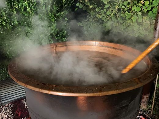 Chaudron de cuivre fumant entouré de feuillage vert dense, une spatule en bois posée sur le bord