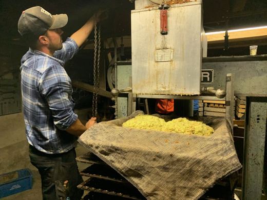 Un homme en chemise à carreaux verse de la pulpe de pommes broyée dans un sac de toile sous un pressoir