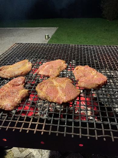 Cinq morceaux de viande marinée posés sur une grille au-dessus de braises rougeoyantes, de nuit