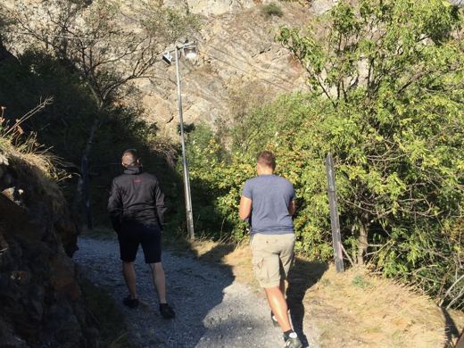 Deux hommes vus de dos marchant sur un chemin de montagne bordé d'arbres et de broussailles.